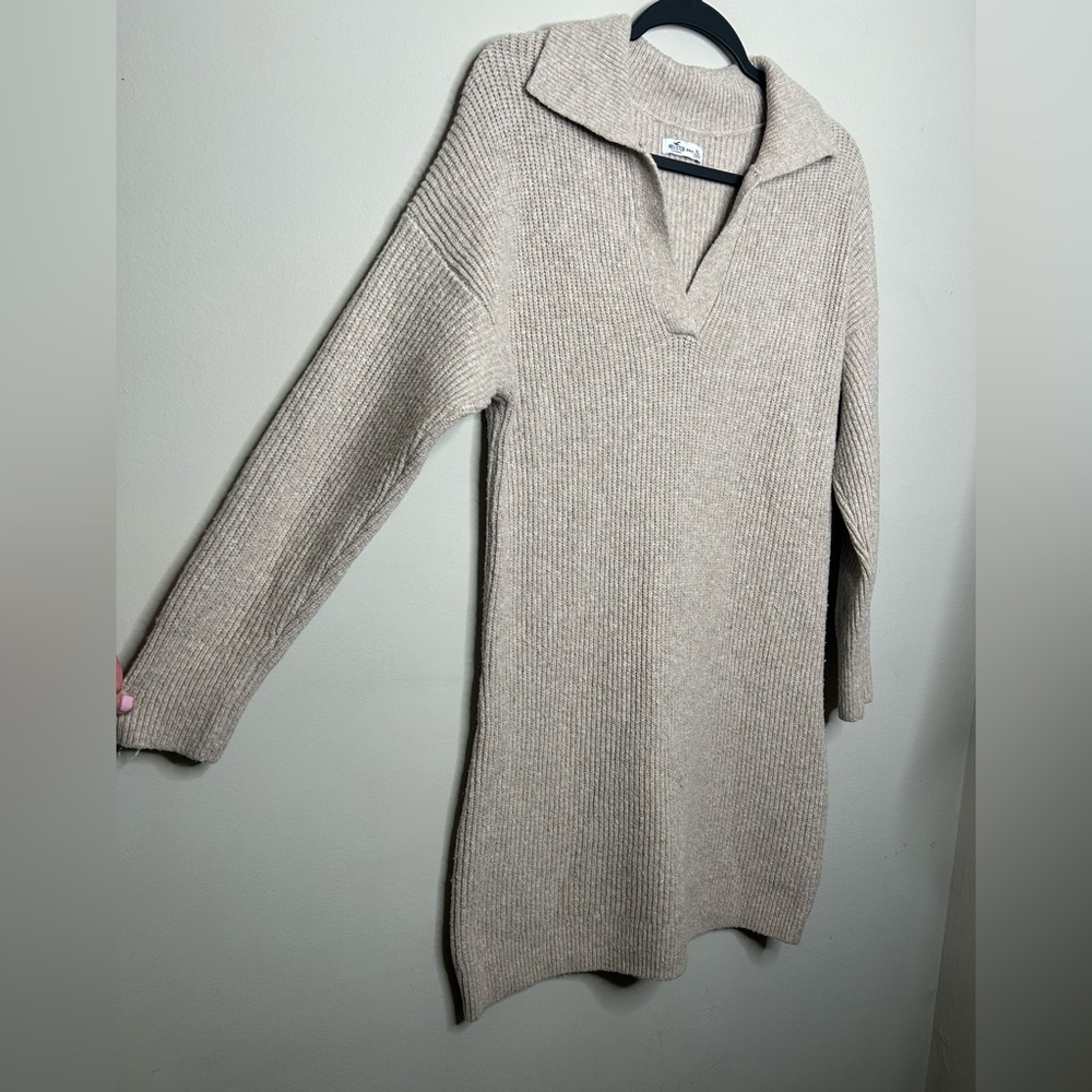 Hollister Co Collared Knit Sweater Jumper Short Mini Long Sleeve V Neck Beige XL - Picture 4 of 10